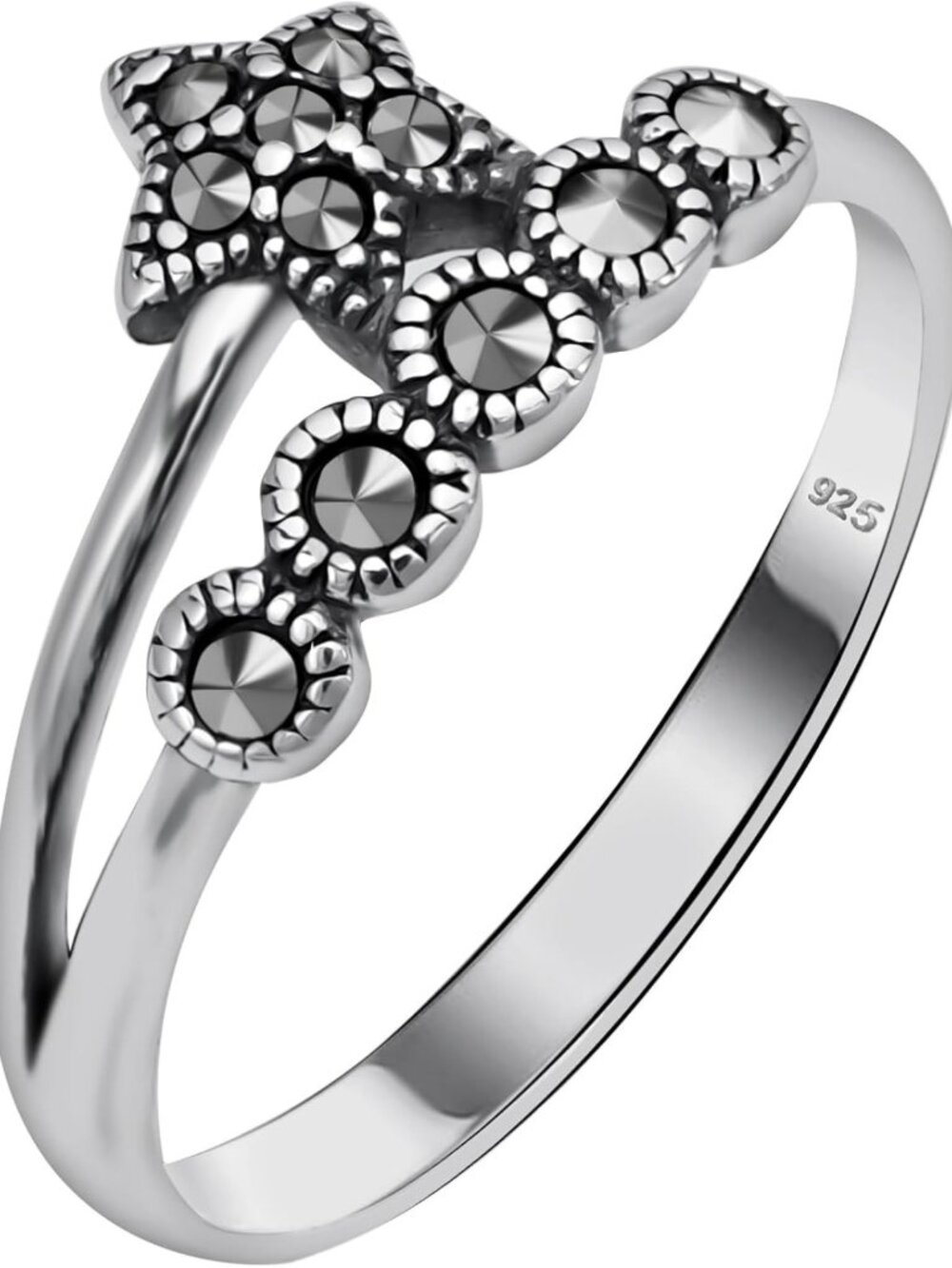 925 Sterling Silver Marcasite Moon & Star Oxidized Stacking Ring for Women